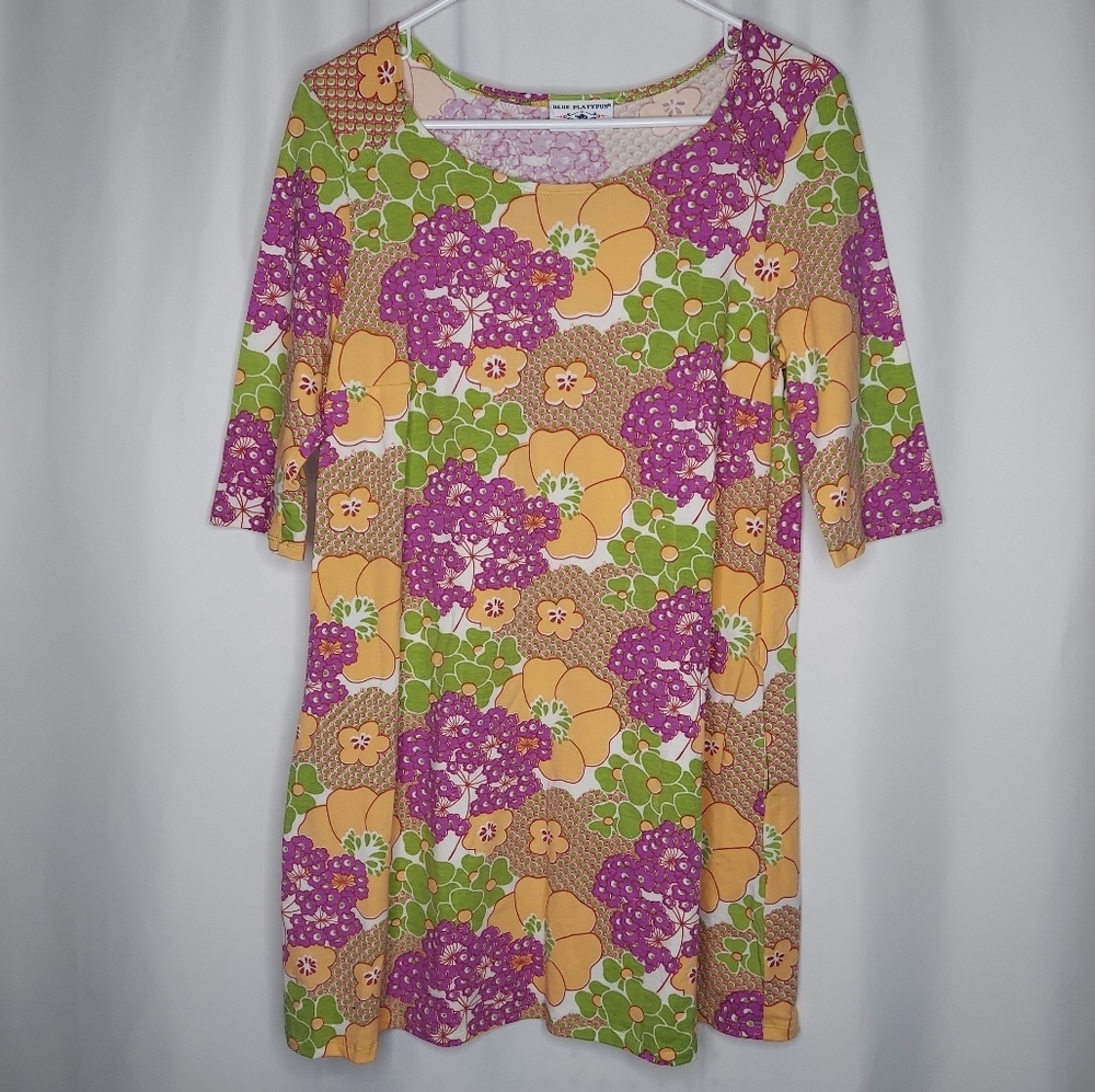 Blue Platypus‎ Tunic Top Small Retro Floral Pockets Short Sleeve Tshirt 60s 70s